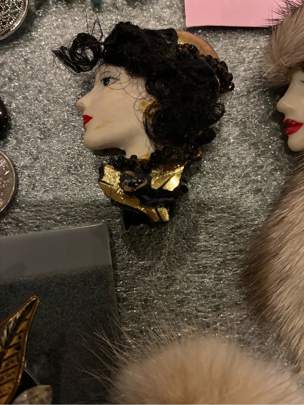 Vintage-Inspired Women's Fur & Porcelain Face Brooch - Brown, Blue, Cream